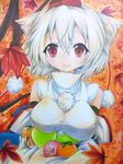  animal_ears autumn_leaves bare_shoulders breasts detached_sleeves food fruit hat impossible_clothes impossible_shirt inubashiri_momiji large_breasts leaf looking_at_viewer maple_leaf pastel_(medium) red_eyes shirt short_hair silver_hair smile solo tasogare_neko tokin_hat touhou traditional_media wolf_ears 