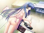  1girl apron ass bangs blue_eyes blue_hair blush cg cosplay_alien game_cg kitchen long_hair naked_apron shiori_hoshi 