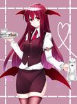  bad_id bad_pixiv_id bat_wings cup fishnets head_wings heart heart_of_string holding koakuma long_hair low_wings necktie red_eyes red_hair skirt solo spoon teacup teapot thighhighs touhou tray vest wings yutazou 