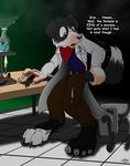  bunsen_burner canine catmonkshiro chair clothing dog english_text hand invalid_tag male mammal muzzle_(object) muzzled paws potion snout solo text torn_clothing transformation 