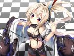  ahoge ayanami_(azur_lane) azur_lane bangs black_jacket black_legwear black_shirt black_shorts blonde_hair blush breasts cable checkered checkered_floor cleavage_cutout closed_mouth commentary_request cowboy_shot crop_top expressionless from_above hand_up head_tilt headgear headphones jacket legs_apart long_hair long_sleeves looking_at_viewer maritaki medium_breasts midriff navel off_shoulder open_clothes open_fly open_jacket outstretched_arm pantyhose pantyhose_under_shorts ponytail red_eyes shadow shirt short_shorts shorts sidelocks solo standing stomach suspenders turtleneck very_long_hair 