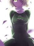  bad_id bad_pixiv_id blonde_hair blurry breasts depth_of_field dress glowing glowing_eye green_dress hair_over_one_eye knbilove medium_breasts petals smile soga_no_tojiko solo touhou white_background yellow_eyes 