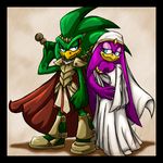  armlet armor avian beak bird blue_eyes cape clothed clothing duo female green_feathers hawk jet_the_hawk madammiakoda male purple_feathers sega sonic_(series) sonic_riders swallow_(bird) toga wave_the_swallow 