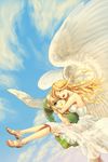  1girl angel_wings bad_id bad_pixiv_id blonde_hair breasts carrying dress ehekatl_of_luck elona green_eyes hat highres hug jester_cap kumiromi_of_harvest medium_breasts princess_carry sandals siro_(phooey) smile wings 