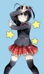  :o absurdres ahoge ascot black_hair black_legwear blazer blue_eyes chuunibyou_demo_koi_ga_shitai! cross eyepatch highres jacket one_side_up plaid plaid_skirt saku_qq school_uniform skirt solo star takanashi_rikka thighhighs zettai_ryouiki 