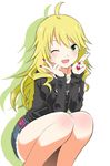  ahoge blonde_hair denim denim_shorts green_eyes hoshii_miki idolmaster idolmaster_(classic) jewelry kita315 long_hair nail_polish necklace one_eye_closed open_mouth shorts solo squatting star v white_background 