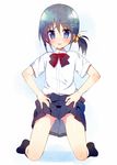  ass_visible_through_thighs black_hair blue_eyes blush bow full_body looking_at_viewer meito_(maze) original ponytail school_uniform shirt simple_background skirt skirt_lift socks solo teasing tongue tongue_out white_background white_shirt 