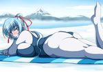  aoi_(gegege_no_kitarou) astraea13 bad_feet blue_hair blue_skin breasts gegege_no_kitarou highres large_breasts long_hair lying mountain on_stomach plump ponytail purple_eyes smile 