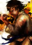  black_hair blue_eyes choker clenched_hand dougi fighting_stance highres inoe_(noie) makoto_(street_fighter) ribbon_choker short_hair solo street_fighter street_fighter_iii_(series) street_fighter_iv_(series) tomboy 