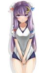  :&lt; alternate_costume blush breasts bun_cover buruma cleavage covering covering_crotch crescent crescent_hair_ornament double_bun embarrassed eyebrows eyebrows_visible_through_hair gym_uniform hair_ornament highres large_breasts long_hair looking_at_viewer no_hat no_headwear patchouli_knowledge purple_eyes purple_hair shirousagi_uyu shirt_tug simple_background solo standing thigh_gap touhou v_arms very_long_hair white_background 