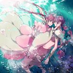  1girl blue_eyes blue_hair bubble dress hand_on_another's_cheek hand_on_another's_face hina_(xoxo) judal long_hair magi_the_labyrinth_of_magic midriff ren_kougyoku underwater 