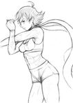  abs ahoge bad_id bad_pixiv_id boyshorts breasts choker cowboy_shot finalcake from_side greyscale makoto_(street_fighter) medium_breasts midriff monochrome navel ribbon_choker short_hair solo sports_bra street_fighter street_fighter_iii_(series) street_fighter_iv_(series) stretch toned underwear underwear_only 