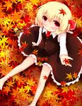  autumn barefoot blonde_hair blush koji_(kohei66) leaf maple_leaf red_eyes rumia short_hair sitting smile solo touhou 