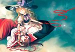  blonde_hair bow braid brown_eyes brown_hair closed_eyes detached_sleeves hair_bow hair_tubes hakurei_reimu hat kayako_(tdxxxk) kirisame_marisa long_hair multiple_girls ribbon skirt smile touhou yuri 