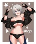  ahoge angel_(kof) armpits ass_visible_through_thighs bad_id bad_pixiv_id bandeau bangs bare_shoulders black_gloves black_jacket black_panties blue_eyes breasts brown_background chaps character_name collarbone cowboy_shot cropped_jacket fingerless_gloves gloves index_finger_raised jacket large_breasts looking_at_viewer midriff navel open_clothes open_jacket open_mouth panties pointing pointing_up pose shirorenge_(huruhuru) short_hair silver_hair simple_background sleeves_folded_up slender_waist solo star the_king_of_fighters underboob underwear 