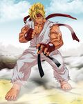  barefoot big_hair blonde_hair darkeyez07 dougi dragon_ball dragon_ball_z fighting_stance fingerless_gloves fusion gloves green_eyes headband muscle parody ryuu_(street_fighter) signature sleeveless son_gokuu spiked_hair street_fighter super_saiyan tan 