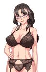  artist_request bra breasts brown_bra brown_eyes brown_hair brown_panties earrings fumika_misaki garter_belt garter_straps glasses hand_on_hip jewelry large_breasts licking_lips lingerie long_hair miboujin_nikki milf naughty_face navel orcsoft panties pubic_hair see-through simple_background tongue tongue_out underwear 