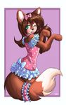  blush bow_tie brown_hair canine cute female fox green_eyes hair looking_at_viewer mammal nightgown pink_background plain_background polka-dots polka_dots unicornblue wolf-skyhigh 