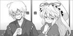  1girl ahoge alternate_costume blush couple cup detached_sleeves fusuma glasses greyscale hat hat_ribbon hetero holding japanese_clothes long_hair m-shiganai monochrome morichika_rinnosuke open_mouth ribbon short_hair sliding_doors smile touhou yakumo_yukari 