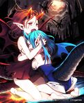  bad_id bad_pixiv_id barefoot blue_hair blush bottomless breasts closed_eyes crying dragon_girl dragon_horns dragon_tail dragon_wings dress fangs feet holding horns hug lena_(zoal) medium_breasts monster_girl multiple_girls open_mouth pointy_ears red_eyes scar shingeki_no_bahamut short_hair sideboob sitting tail tears twin_prisoner_flame twin_prisoner_glass watermark weapon wings 