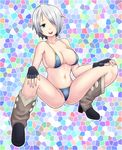  angel_(kof) bikini blue_bikini blue_eyes boots breasts cowboy_boots fingerless_gloves gloves hair_over_one_eye hounin large_breasts midriff navel short_hair sideboob silver_hair solo spread_legs squatting strap_gap swimsuit the_king_of_fighters 