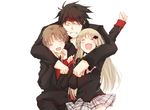  2boys black_hair blonde_hair brown_hair closed_eyes fang hug inohara_masato is_(11l4329) little_busters! long_hair multiple_boys naoe_riki noumi_kudryavka plaid plaid_skirt school_uniform short_hair skirt 