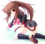  all_fours animal_ears ass baseball bow brown_hair cat_ears fan little_busters! long_hair natsume_rin panties pink_bow plaid plaid_skirt ponytail red_eyes school_uniform skirt solo striped striped_panties tail underwear yokuran 
