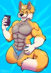  anthro blake bulge canid canine canis clothed clothing happy male mammal muscular muttasaur phone selfie solo speedo swimsuit topless wolf 