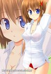  bikini blue_eyes blush breasts brown_hair cleavage hair_ornament hair_ribbon lask lyrical_nanoha mahou_shoujo_lyrical_nanoha_strikers medium_breasts ribbon see-through shirt short_hair short_sleeves solo swimsuit x_hair_ornament yagami_hayate 