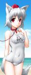  absurdres animal_ears blush byeontae_jagga collar covered_navel day hat highres inubashiri_momiji leash one-piece_swimsuit red_eyes school_swimsuit shiny shiny_clothes short_hair silver_hair skindentation smile solo swimsuit tail tokin_hat touhou translated wolf_ears wolf_tail 