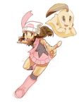  beanie boots chikorita gen_2_pokemon hat hikari_(pokemon) kinashi open_mouth pink_footwear pokemon pokemon_(creature) pokemon_(game) pokemon_dppt scarf skirt 