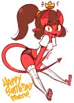  2019 biped birthday brown_hair clothing crown diives eyebrows eyelashes fangs female footwear hair hi_res horn humanoid legwear long_hair long_tail mammal meru_(merunyaa) open_mouth open_smile pointy_ears ponytail red_ears red_horn red_skin red_tail shirt shoes shorts simple_background smile solo spade_tail stockings succubus t-shirt teeth text thigh_highs white_background yellow_eyes 