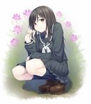  black_serafuku blush brown_eyes brown_footwear closed_mouth cosmos_(flower) floral_background flower full_body h_kasei highres kneehighs looking_at_viewer original school_uniform serafuku shoes skirt smile solo squatting 