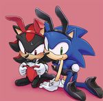  blue blue_body blue_hair crossdressing green_eyes hair hedgehog karlo male mammal red_eyes sega shadow_the_hedgehog smile sonic_(series) sonic_the_hedgehog transvestite 