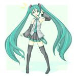  detached_sleeves green_eyes green_hair hatsune_miku karamoneeze long_hair looking_at_viewer necktie open_mouth skirt smile solo thighhighs twintails very_long_hair vocaloid 