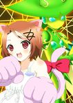  accel_world animal_ears annyuiusagi bare_shoulders blush brown_hair cat_ears dual_persona duel_avatar fang fish hair_ribbon highres kurashima_chiyuri lime_bell open_mouth paws red_eyes ribbon ringed_eyes short_hair 