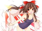  blue_swimsuit blush bow brown_hair collarbone colorized commentary_request competition_school_swimsuit hair_bow hair_tubes hakurei_reimu highres navel one-piece_swimsuit open_mouth peko phyrine pink_towel red_eyes solo swimsuit touhou towel 