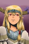 alternate_costume bad_id bad_pixiv_id blonde_hair circlet earrings face horn_ribbon horns ibuki_suika jewelry long_hair looking_away onikobe_rin parted_lips pointy_ears purple_background red_eyes ribbon slit_pupils solo touhou upper_body 