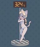  abstract_background blonde_hair blue_eyes blush breasts cat cub eyewear feline female flat_chested freckles glasses hair looking_at_viewer mammal multi_breast multi_nipple navel nipples omunikin temperature_scale young 