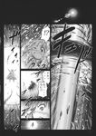  1girl alice_margatroid alice_margatroid_(pc-98) closed_eyes comic energy gensoukoumuten greyscale highres light monochrome open_mouth silhouette tears touhou touhou_(pc-98) translated wince 