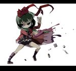  belt boots bottle bow coat drugs front_ponytail full_body green_eyes green_hair grin hair_bow holding holding_syringe kagiyama_hina kannazuki_hato letterboxed pill short_shorts shorts simple_background smile solo syringe touhou 