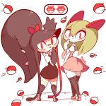  4_fingers band-aid bandage big_butt biped black_hair blep breasts butt butt_pose clothing diives duo eyelashes female footwear gaghiel green_hair hair humanoid kirlia legwear lia_(diives) long_hair mawile nintendo pok&eacute;ball pok&eacute;mon pok&eacute;mon_(species) ponytail red_eyes shoes simple_background skirt small_breasts stockings thigh_highs tongue tongue_out video_games white_background white_skin 