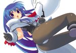  blue_eyes blue_hair bodysuit gloves hani_kuraun long_hair necktie open_mouth owari_no_chronicle pantyhose shinjou_sadagiri solo 