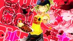  ;q alternate_hairstyle clothes_writing curry curry_rice food foreshortening fork green_eyes green_hair gumi hat highres looking_at_viewer maclo one_eye_closed plate rice short_hair smile solo song_name tongue tongue_out vocaloid zoom_layer 