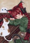  animal_ears bow braid breasts cat cat_ears hair_bow head_rest hiyokonomi kaenbyou_rin long_hair marker_(medium) medium_breasts red_eyes red_hair smile solo touhou traditional_media twin_braids 