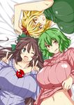  alternate_costume aoi_manabu armpits blonde_hair breasts brown_hair collarbone double_v fang green_eyes green_hair hair_ornament huge_breasts kazami_yuuka licking_lips long_hair long_sleeves looking_at_viewer lying midriff multiple_girls navel on_back one_eye_closed open_mouth red_eyes reiuji_utsuho ribbed_sweater shirt_lift short_hair sleeveless sleeveless_turtleneck smile sweat sweater third_eye tongue tongue_out toramaru_shou touhou turtleneck v yellow_eyes 