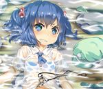  angry blue_bra blue_eyes blue_hair blush bra cucumber dress_shirt hair_bobbles hair_ornament hat hat_removed headwear_removed kawashiro_nitori key leaf looking_at_viewer lying on_back partially_submerged see-through shimoda-kon shirt short_hair short_twintails solo touhou twintails two_side_up underwear water wet wet_clothes wet_shirt 