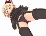  black_legwear black_panties blonde_hair blush from_below garter_straps hair_ribbon maromi_gou panties red_eyes ribbon rumia short_hair simple_background smile solo thighhighs touhou underwear underwear_only white_background 