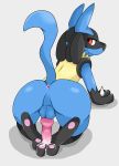  2019 3_toes animal_genitalia animal_penis anus backsack balls black_fur blue_fur butt canid canine canine_penis cum cum_on_feet erection fur knot looking_back lucario male mammal nintendo nude pawpads paws penis perineum pink_pawpads pok&eacute;mon pok&eacute;mon_(species) presenting presenting_hindquarters red_eyes simple_background sirpsycho smile solo toes video_games 