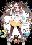  black_legwear blue_eyes brown_hair contrapposto double_bun english flowerchorus gen_5_pokemon hand_on_hip holding holding_poke_ball long_hair mei_(pokemon) oshawott pantyhose poke_ball pokemon pokemon_(creature) pokemon_(game) pokemon_bw2 raglan_sleeves shoes shorts sleeves_rolled_up sneakers snivy socks standing tepig twintails very_long_hair visor_cap watch wristwatch 